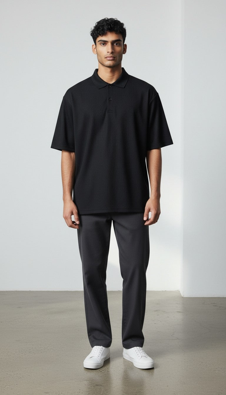 Men's Grid-Pattern Textured Knit Polo Shirt (Imported)